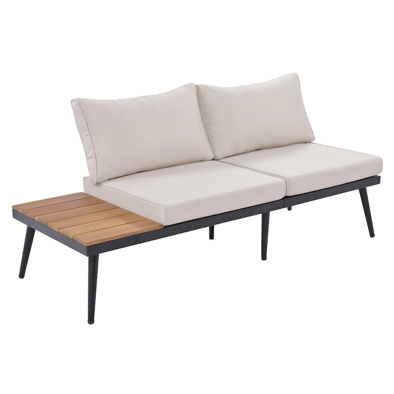 Beige 6-piece Acacia Wood Outdoor Sectional Sofa Set with Round Nesting Coffee Tables and Side Storage Shelf, Cushioned Seating