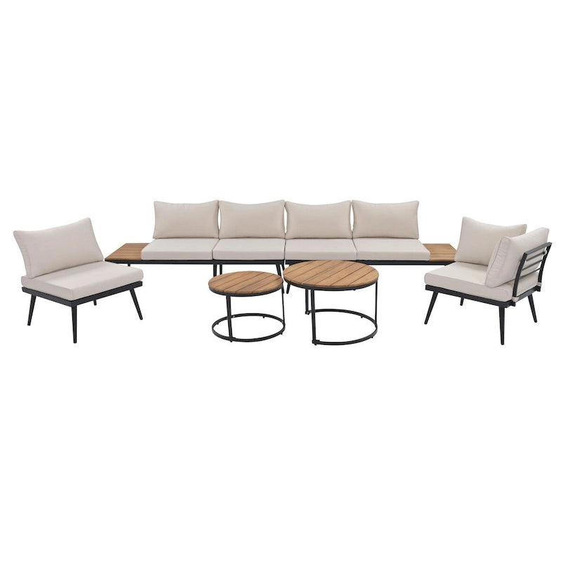 Beige 6-piece Acacia Wood Outdoor Sectional Sofa Set with Round Nesting Coffee Tables and Side Storage Shelf, Cushioned Seating