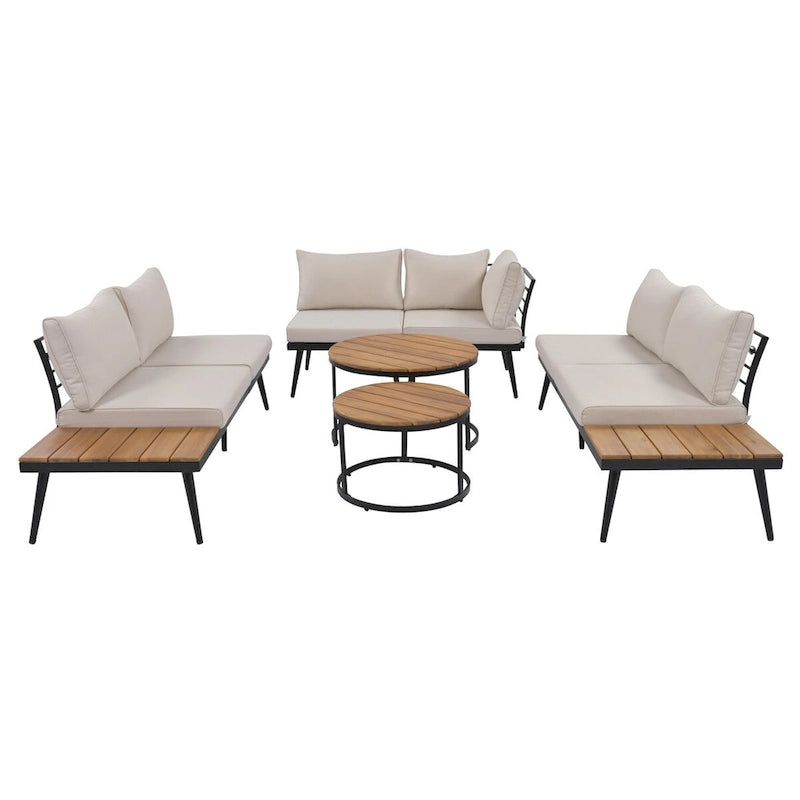 Beige 6-piece Acacia Wood Outdoor Sectional Sofa Set with Round Nesting Coffee Tables and Side Storage Shelf, Cushioned Seating
