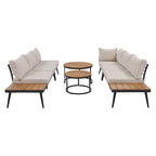 Beige 6-piece Acacia Wood Outdoor Sectional Sofa Set with Round Nesting Coffee Tables and Side Storage Shelf, Cushioned Seating