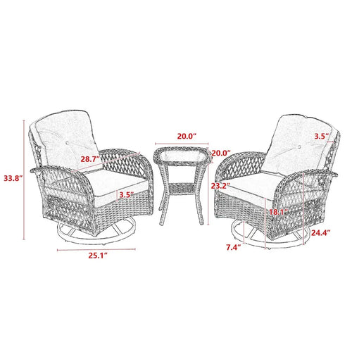 Set da 3 Poltrone da Esterno Girevoli e a Dondolo, Set Conversazione da Patio con Dondolo a 360 Gradi