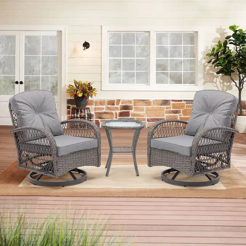Set da 3 Poltrone da Esterno Girevoli e a Dondolo, Set Conversazione da Patio con Dondolo a 360 Gradi