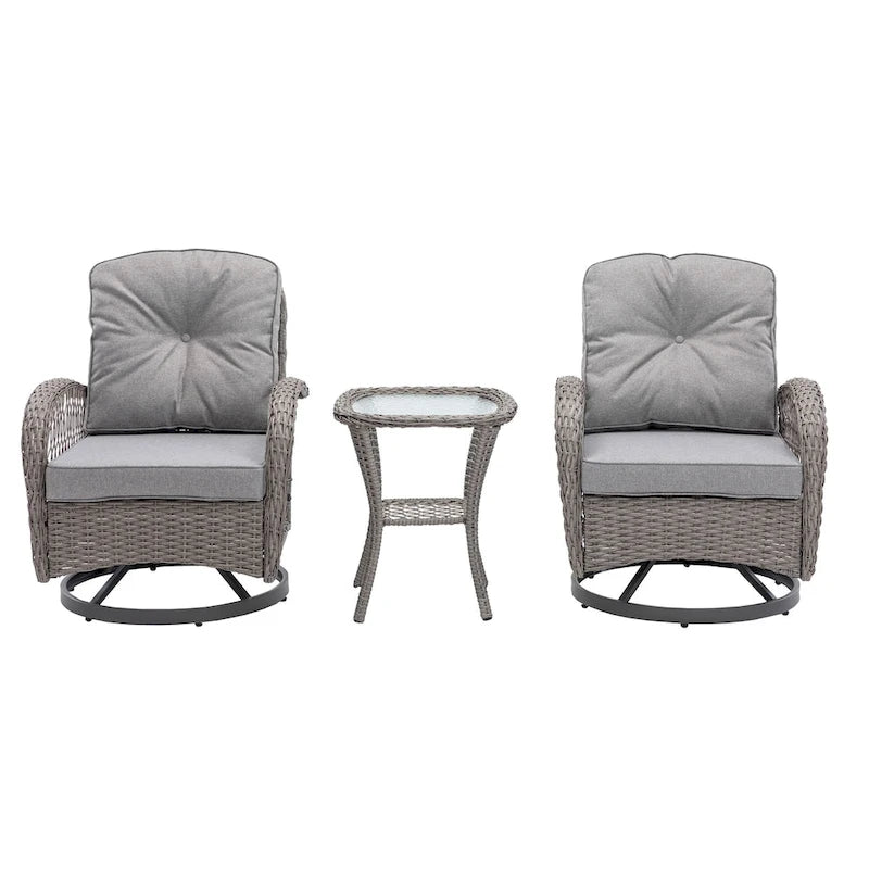 Set da 3 Poltrone da Esterno Girevoli e a Dondolo, Set Conversazione da Patio con Dondolo a 360 Gradi