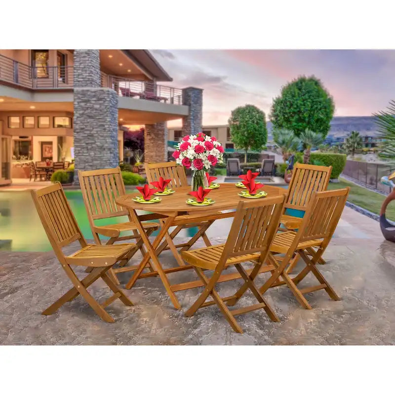 Outdoor Dining Set - Chairs with Slatted Back and Oval Table with Wood 4 legs - Natural Oil Finish (Pieces option)