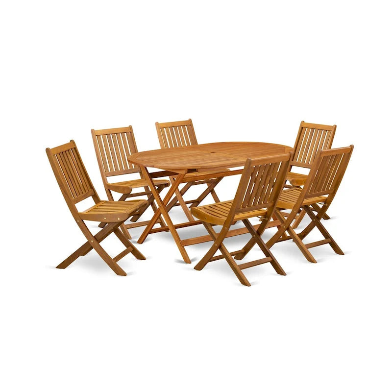 Outdoor Dining Set - Chairs with Slatted Back and Oval Table with Wood 4 legs - Natural Oil Finish (Pieces option)