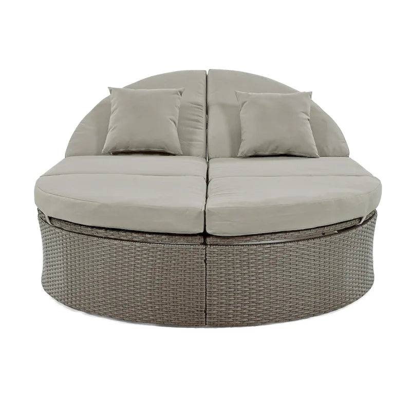 Outdoor Rattan Reclining Day Bed with Foldable Cup Trays for Lawn