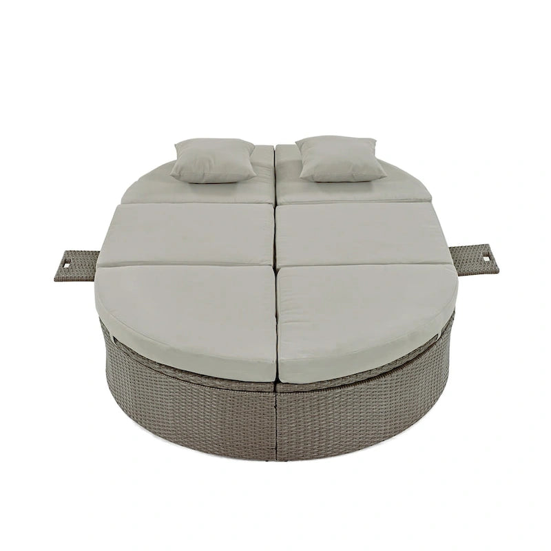 Outdoor Rattan Reclining Day Bed with Foldable Cup Trays for Lawn