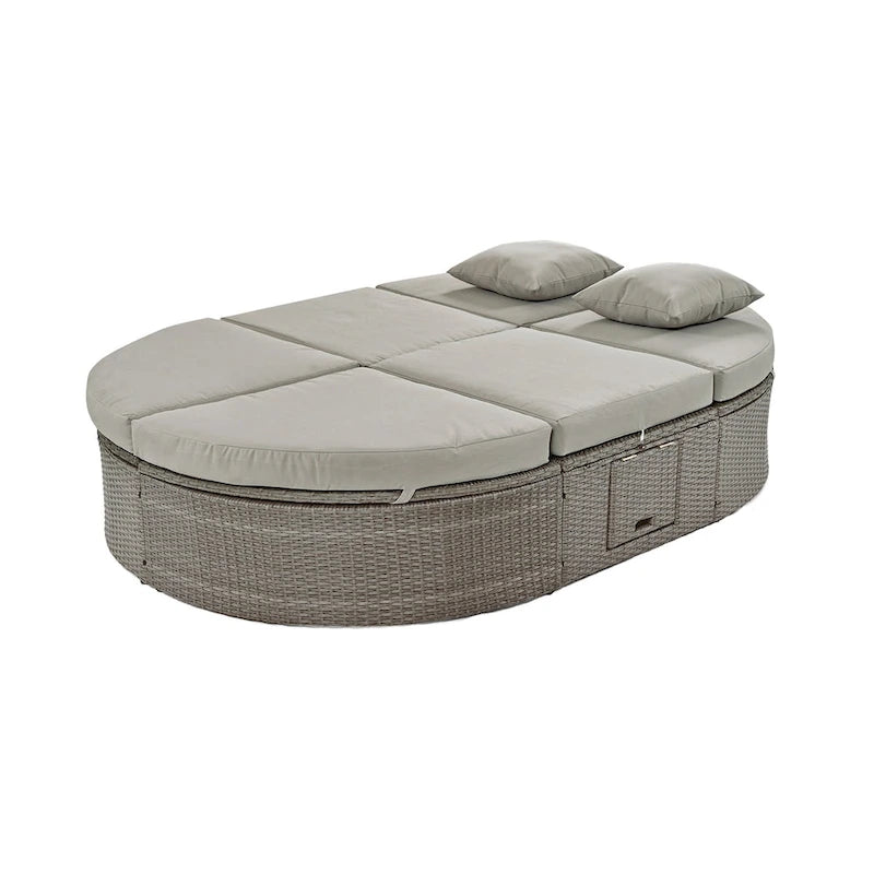 Outdoor Rattan Reclining Day Bed with Foldable Cup Trays for Lawn