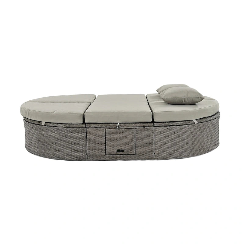 Outdoor Rattan Reclining Day Bed with Foldable Cup Trays for Lawn