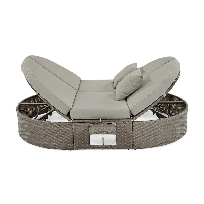 Outdoor Rattan Reclining Day Bed with Foldable Cup Trays for Lawn