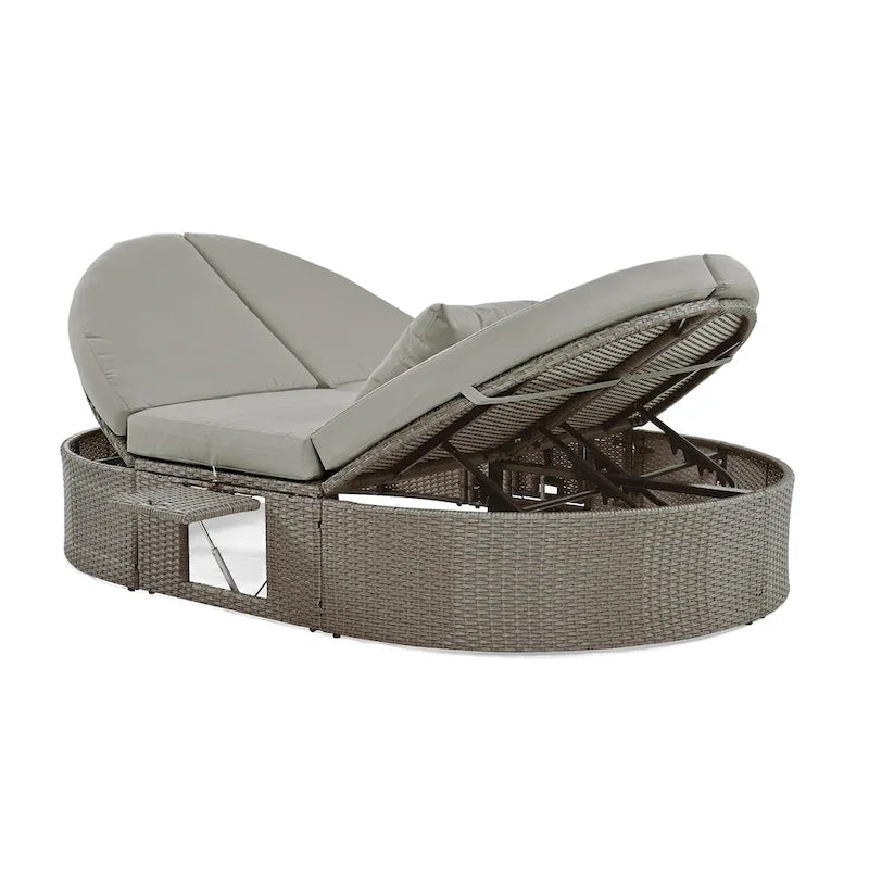 Outdoor Rattan Reclining Day Bed with Foldable Cup Trays for Lawn