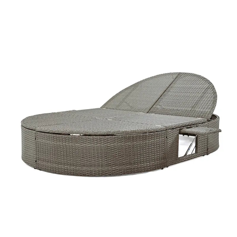Outdoor Rattan Reclining Day Bed with Foldable Cup Trays for Lawn