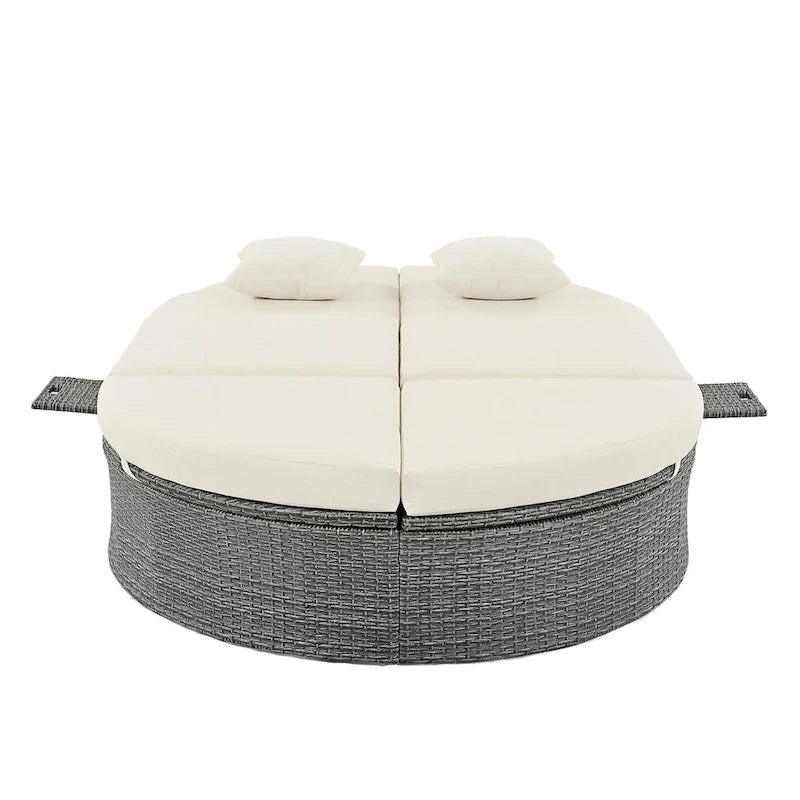 Outdoor Rattan Reclining Day Bed with Foldable Cup Trays for Lawn