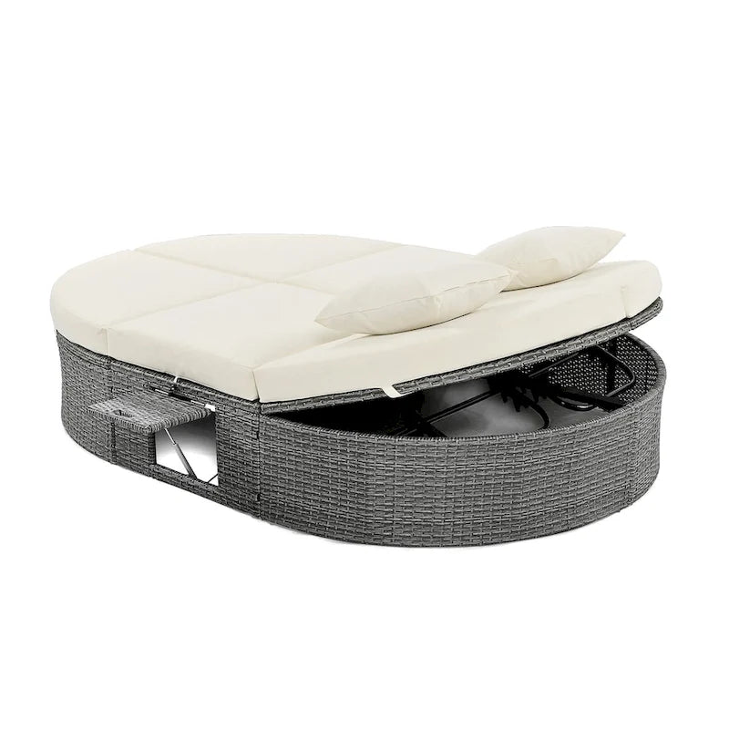 Outdoor Rattan Reclining Day Bed with Foldable Cup Trays for Lawn