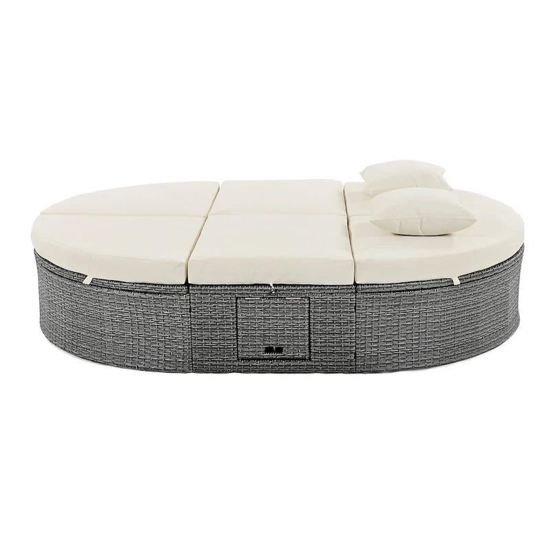 Outdoor Rattan Reclining Day Bed with Foldable Cup Trays for Lawn