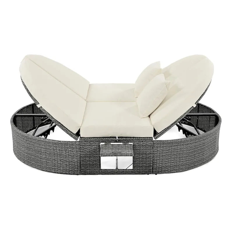 Outdoor Rattan Reclining Day Bed with Foldable Cup Trays for Lawn