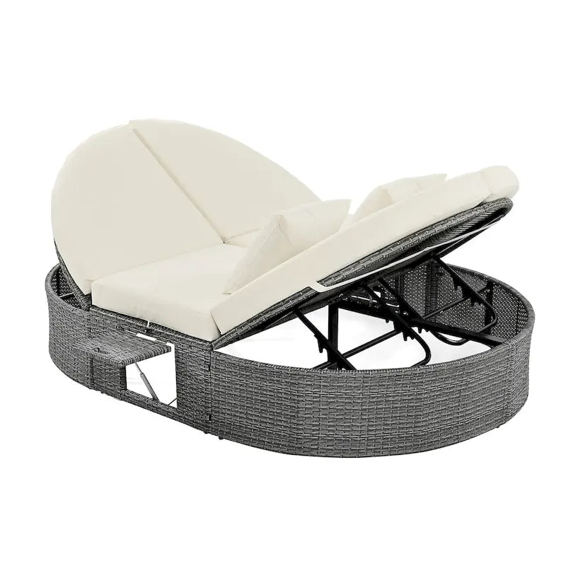 Outdoor Rattan Reclining Day Bed with Foldable Cup Trays for Lawn