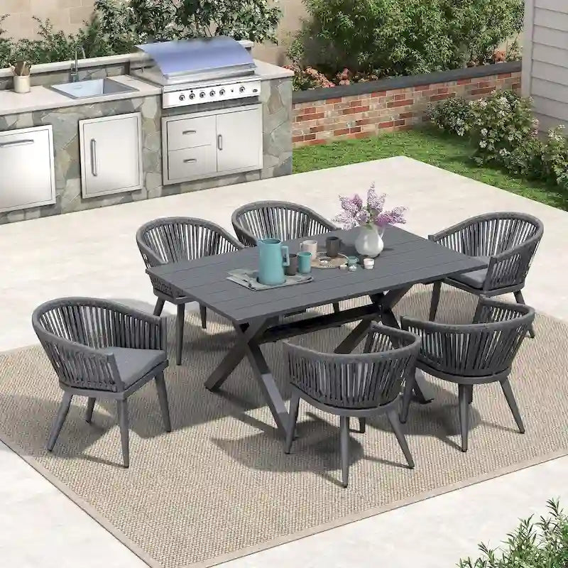 Set da pranzo per esterni PURPLE LEAF con tavolo da pranzo in alluminio e sedie in vimini di rattan