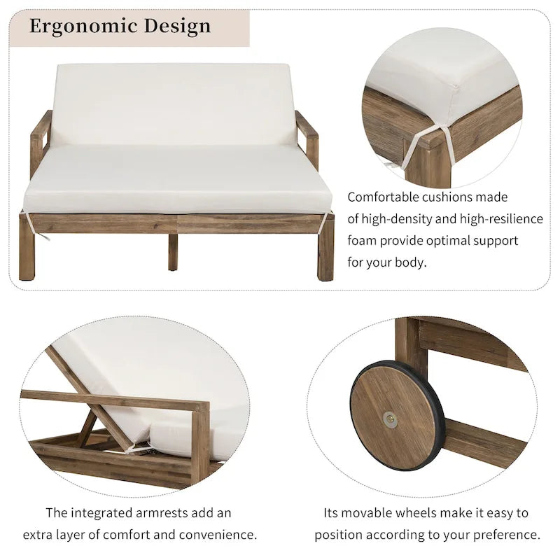 1-Piece Farmhouse-styled Wooden Outdoor Sunbed for Ultimate Relaxation Outdoor Daybed Seating 2 People for Poolside