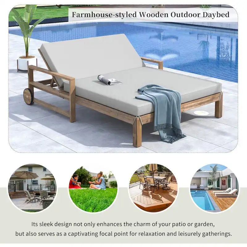 1-Piece Farmhouse-styled Wooden Outdoor Sunbed for Ultimate Relaxation Outdoor Daybed Seating 2 People for Poolside