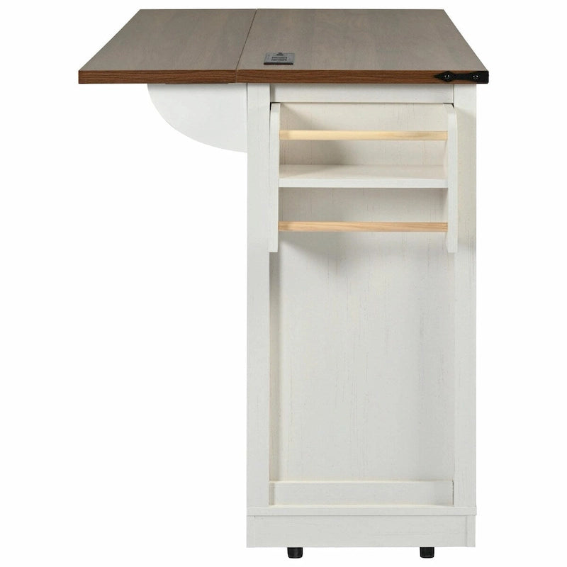 53.5 Farmhouse Kitchen Island with Power Outlet, Drop Leaf, Spice Rack, Drawer, and Wheels