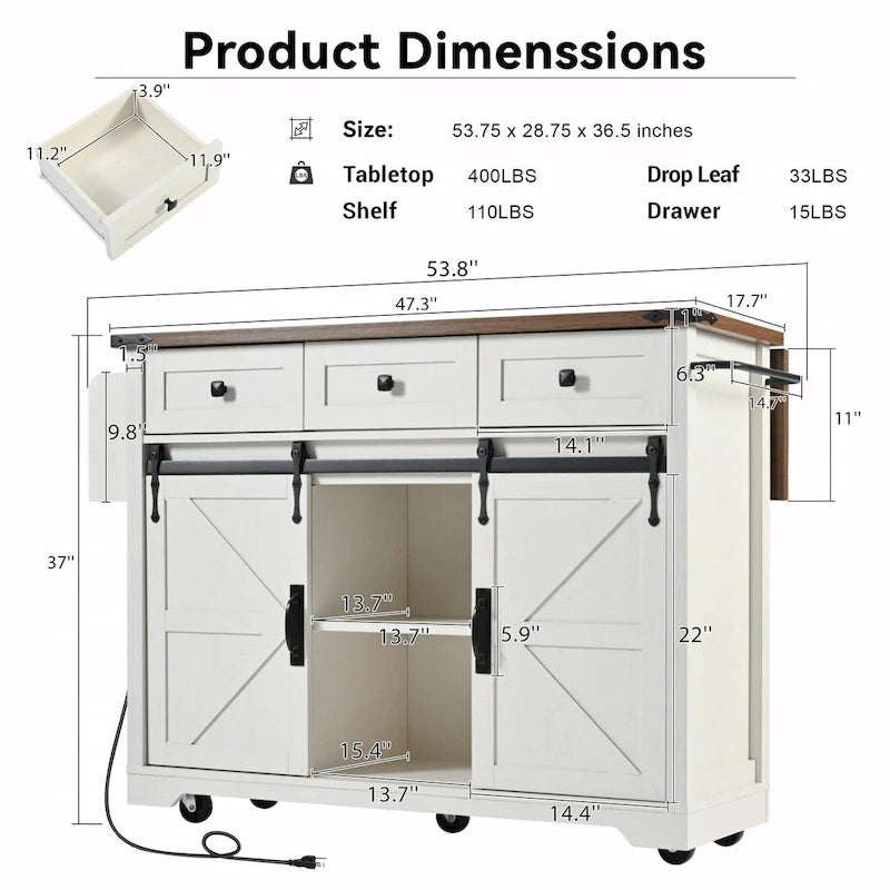 53.5 Farmhouse Kitchen Island with Power Outlet, Drop Leaf, Spice Rack, Drawer, and Wheels
