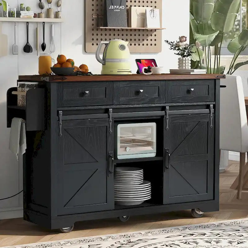 53.5 Farmhouse Kitchen Island with Power Outlet, Drop Leaf, Spice Rack, Drawer, and Wheels
