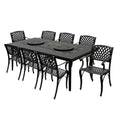 Modern Ornate Outdoor Mesh Aluminum 84-in Large Rectangular Patio Dining Set with Two Lazy Susans and Eight Chairs - N/A