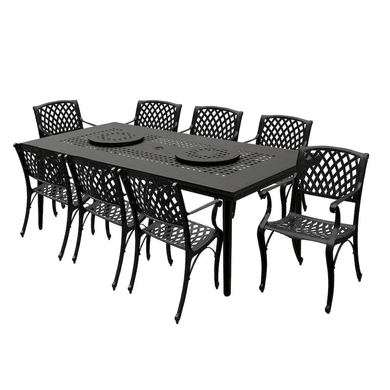Modern Ornate Outdoor Mesh Aluminum 84-in Large Rectangular Patio Dining Set with Two Lazy Susans and Eight Chairs - N/A