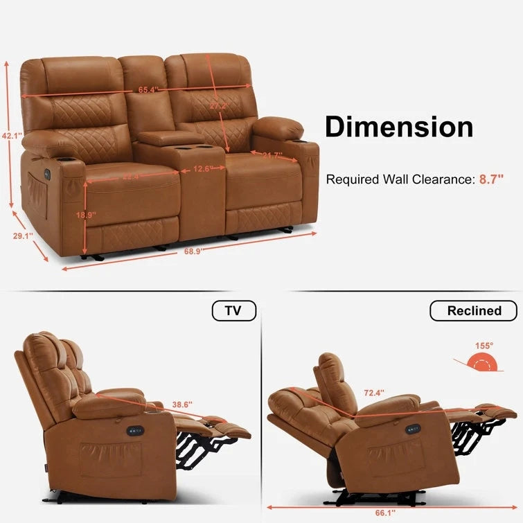 MCombo Divano reclinabile elettrico a due posti con console, divano reclinabile elettrico con calore e vibrazione, porte USB, portabicchieri PR624