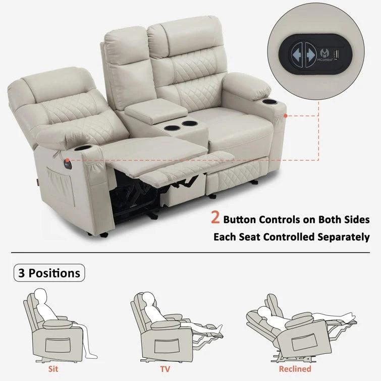 MCombo Divano reclinabile elettrico a due posti con console, divano reclinabile elettrico con calore e vibrazione, porte USB, portabicchieri PR624