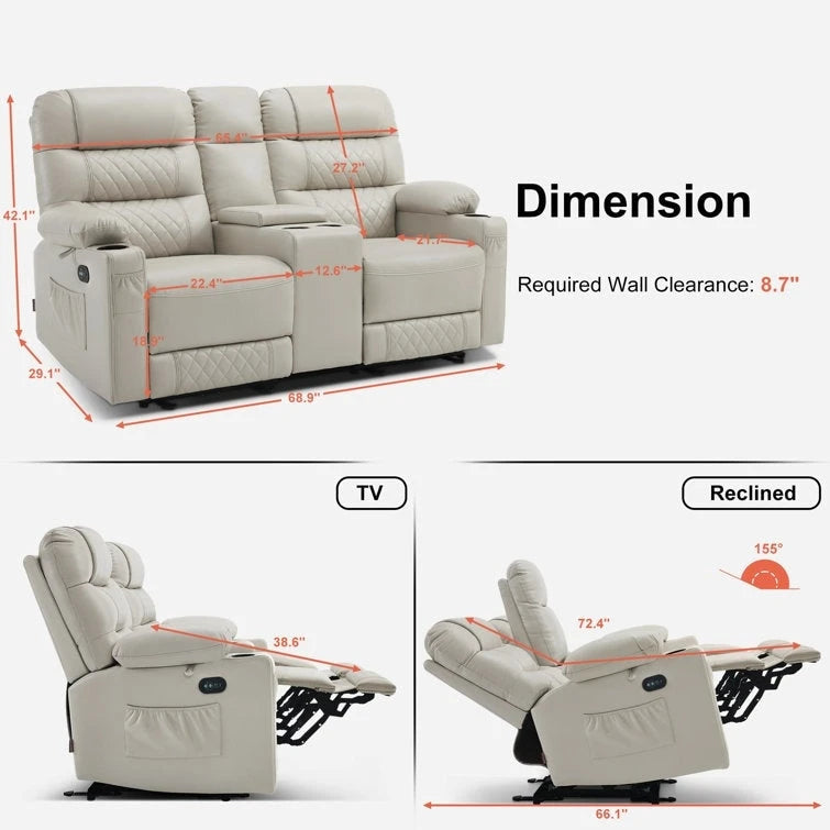 MCombo Divano reclinabile elettrico a due posti con console, divano reclinabile elettrico con calore e vibrazione, porte USB, portabicchieri PR624
