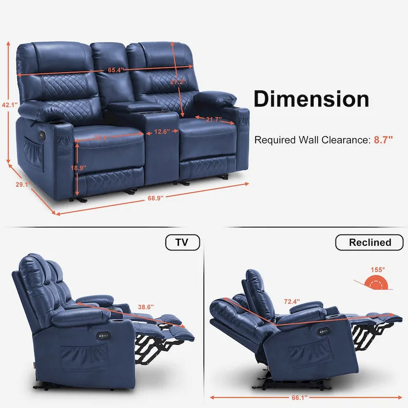 MCombo Divano reclinabile elettrico a due posti con console, divano reclinabile elettrico con calore e vibrazione, porte USB, portabicchieri PR624