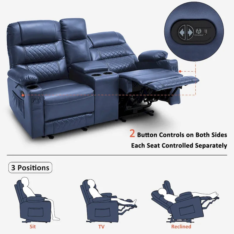 MCombo Divano reclinabile elettrico a due posti con console, divano reclinabile elettrico con calore e vibrazione, porte USB, portabicchieri PR624