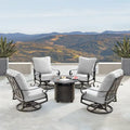 Outdoor Aluminum 34 in. Round Fire Table Set with Four Deep Seating Swivel Rocking Chairs, Fire Beads, Lid and Fabric Cover