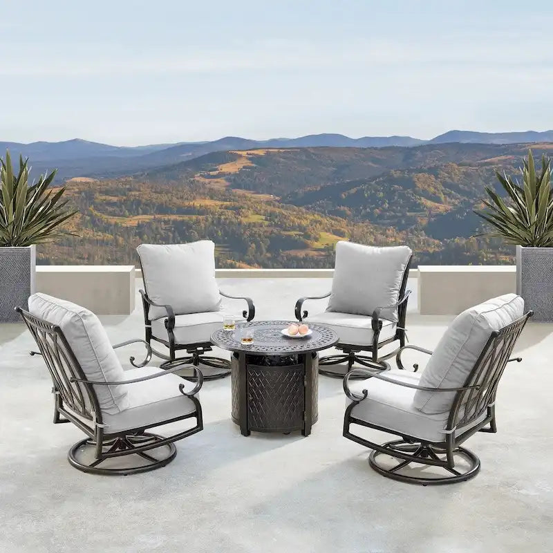 Outdoor Aluminum 34 in. Round Fire Table Set with Four Deep Seating Swivel Rocking Chairs, Fire Beads, Lid and Fabric Cover