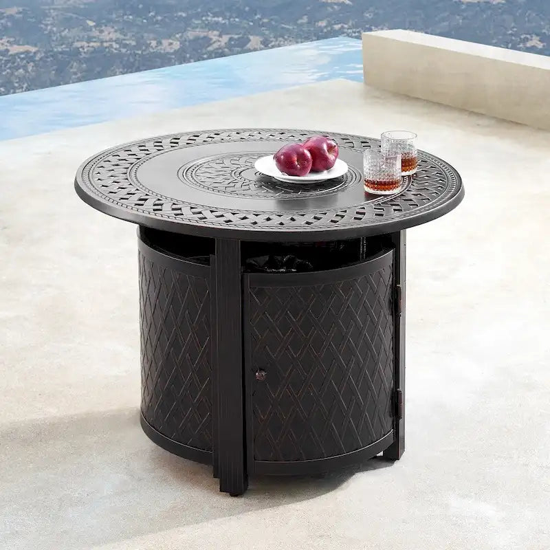 Outdoor Aluminum 34 in. Round Fire Table Set with Four Deep Seating Swivel Rocking Chairs, Fire Beads, Lid and Fabric Cover