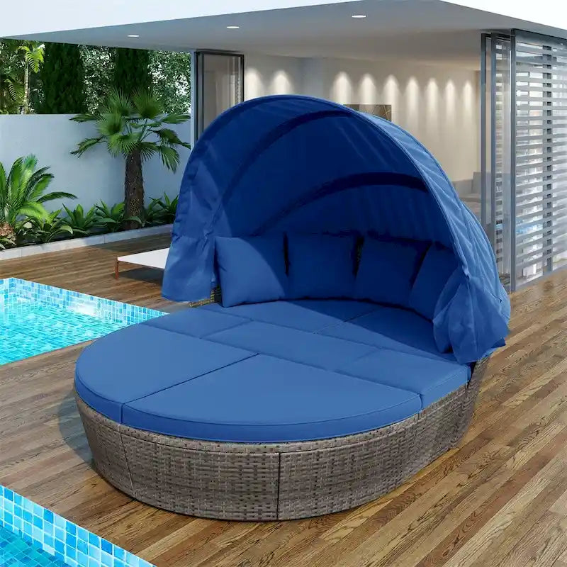 Outdoor Rattan Daybed with Retractable Canopy and Washable Cushions