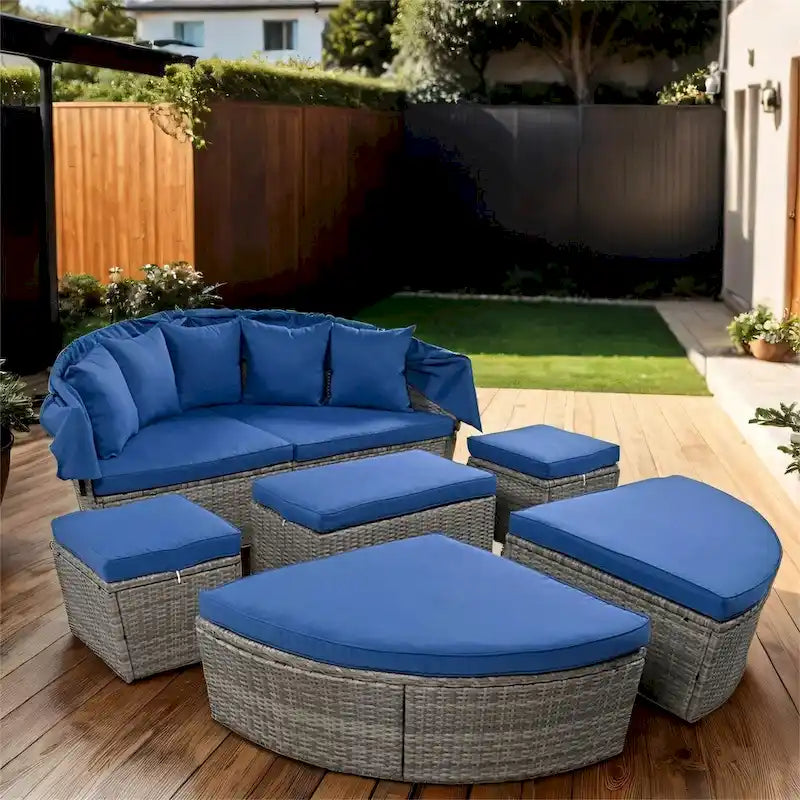 Outdoor Rattan Daybed with Retractable Canopy and Washable Cushions