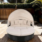 Outdoor Rattan Daybed with Retractable Canopy and Washable Cushions