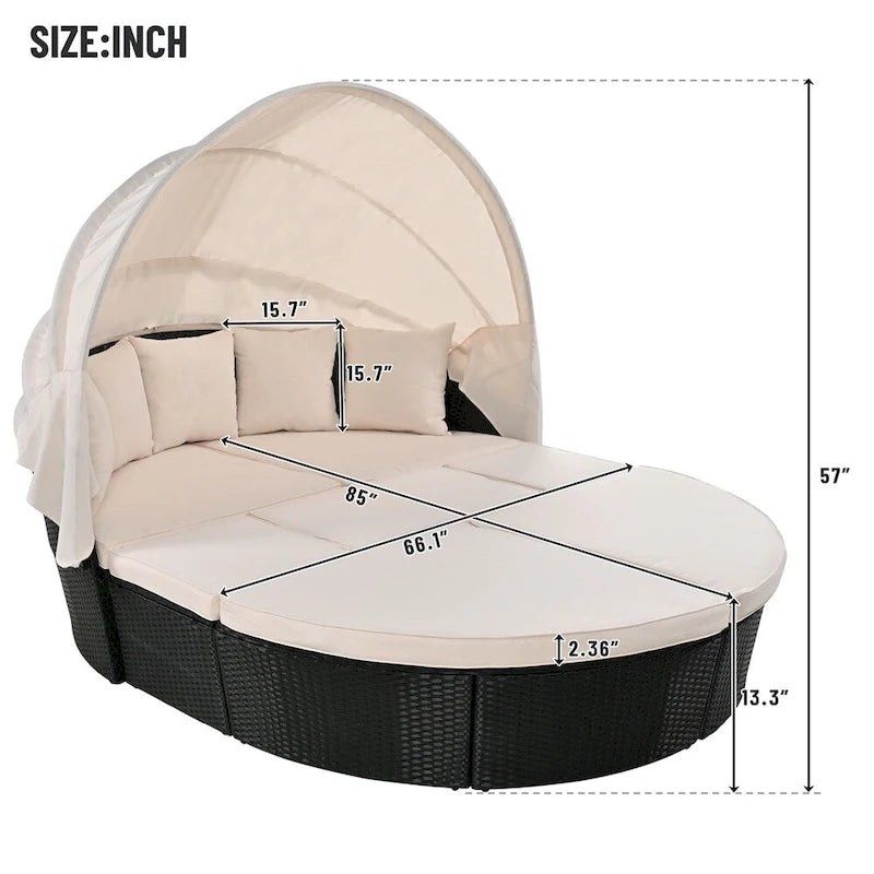 Outdoor Rattan Daybed with Retractable Canopy and Washable Cushions