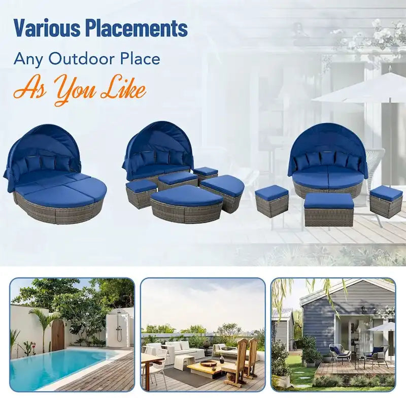Outdoor Rattan Daybed with Retractable Canopy and Washable Cushions