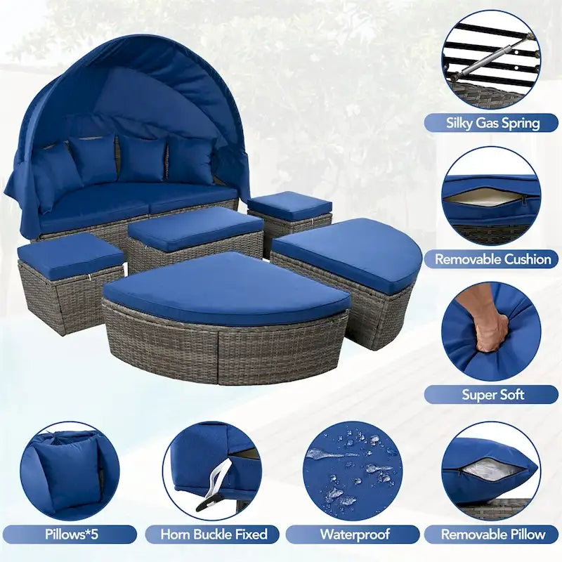 Outdoor Rattan Daybed with Retractable Canopy and Washable Cushions