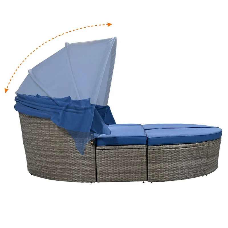 Outdoor Rattan Daybed with Retractable Canopy and Washable Cushions