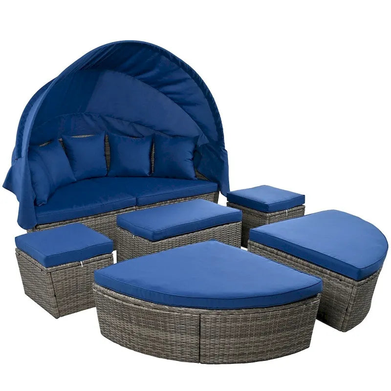 Outdoor Rattan Daybed with Retractable Canopy and Washable Cushions