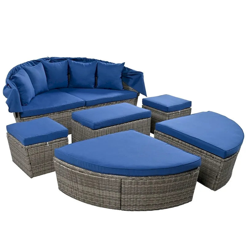 Outdoor Rattan Daybed with Retractable Canopy and Washable Cushions