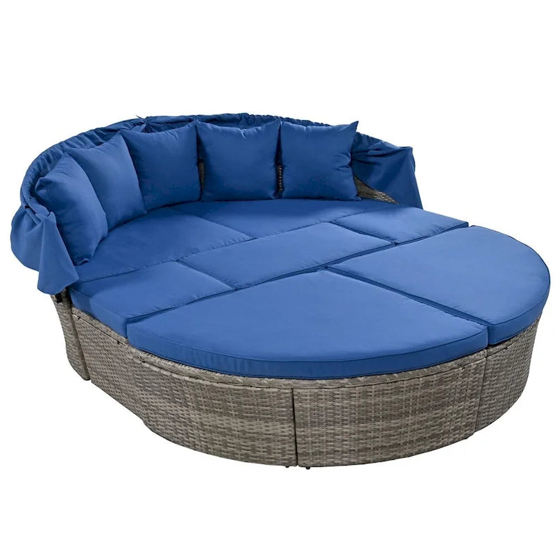 Outdoor Rattan Daybed with Retractable Canopy and Washable Cushions