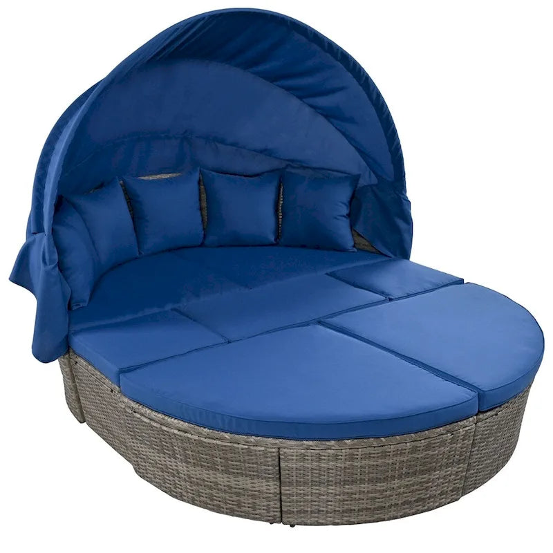 Outdoor Rattan Daybed with Retractable Canopy and Washable Cushions
