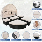 Outdoor Rattan Daybed with Retractable Canopy and Washable Cushions