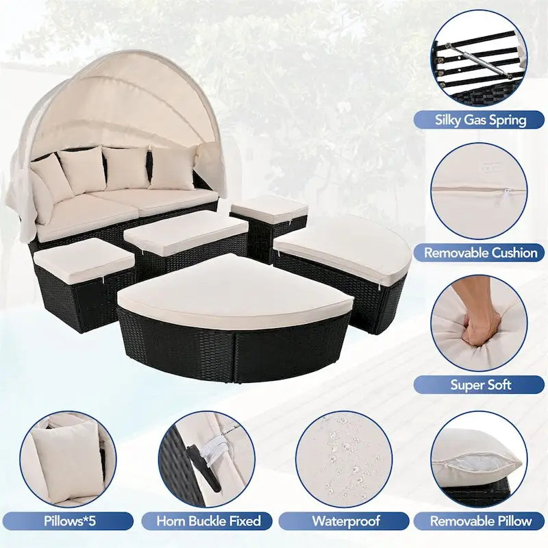 Outdoor Rattan Daybed with Retractable Canopy and Washable Cushions